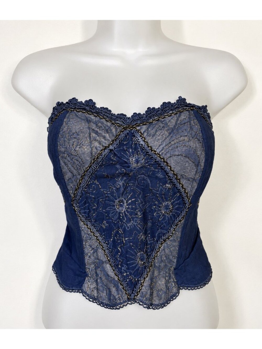Womens Overbust Corset Blue Gold Embroided Renaissance Gothic Medium